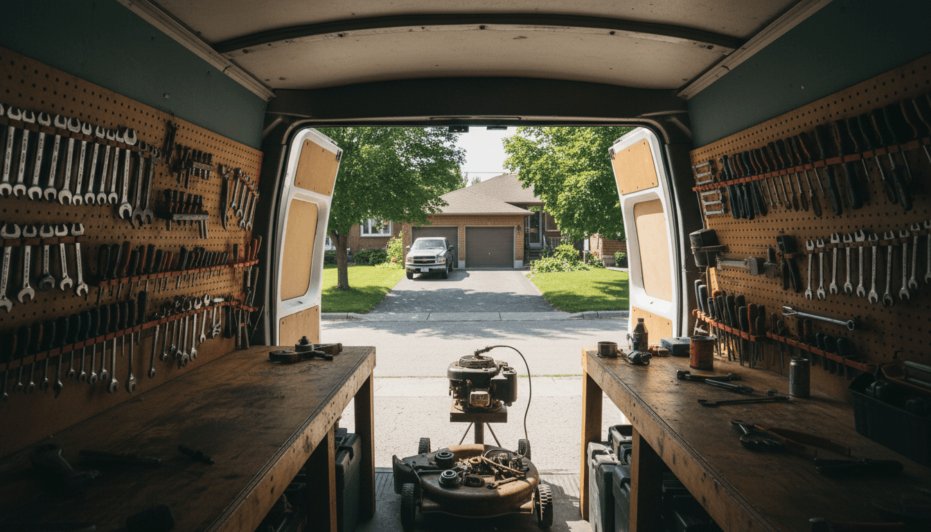 Atelier mobile de mécanique avec outils et moteur de tondeuse sur l'établi
