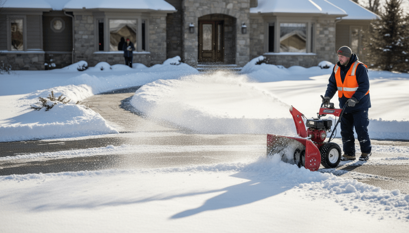 Professional landscaper using snow blower to clear residential driveway during winter snowstorm, homeowner watching from house window