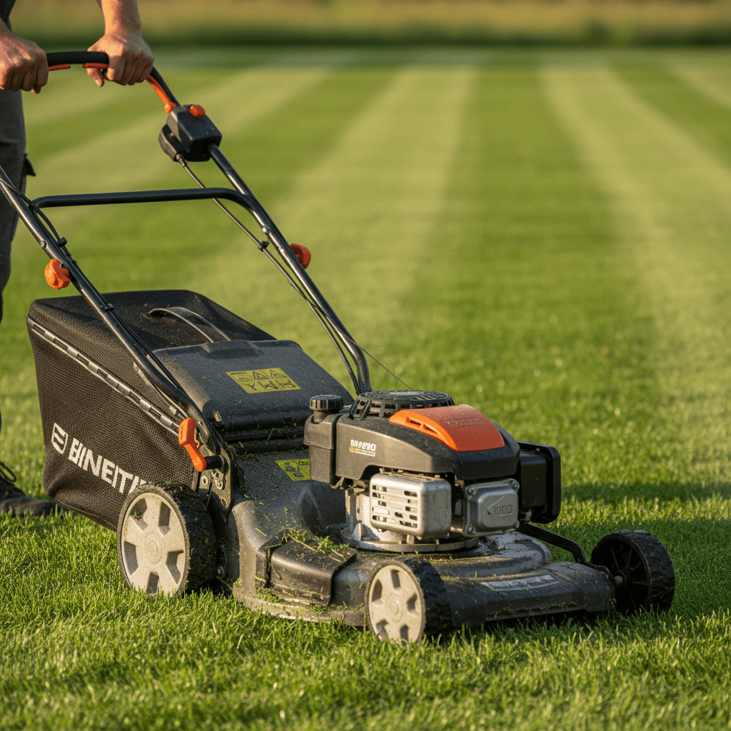 Landscaper hands operating professional push mower on manicured green lawn with fresh-cut grass