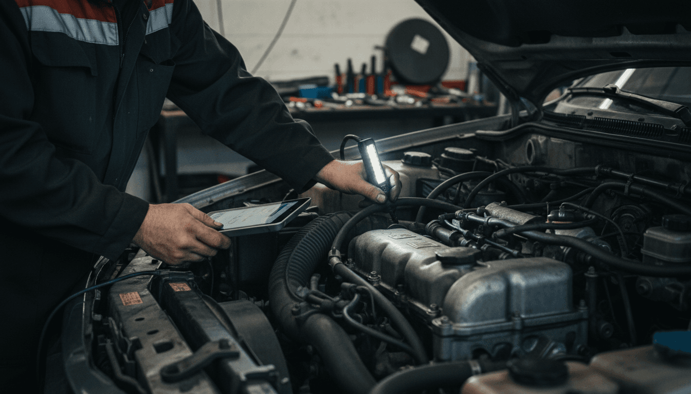 Mécanicien mobile inspectant un moteur de tondeuse chez un client à Brossard